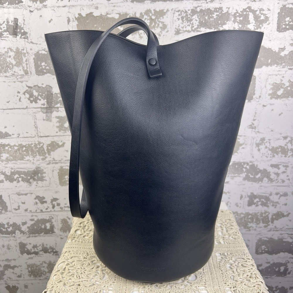 Oak + Fort Black Bucket Tote Bag Vegan Leather Cross Top Strap NWT Minimalist